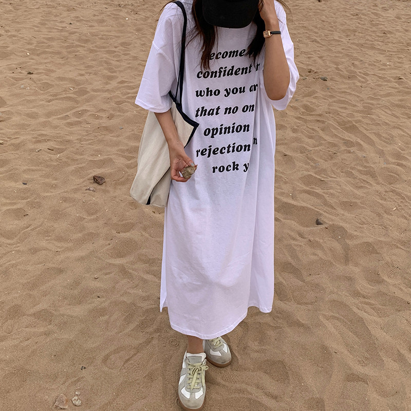2026夏天韩国字母印花纯棉T恤裙女中长款过膝宽松大版学生连衣裙图片