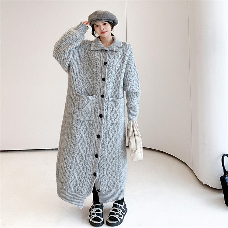 韩国麻花毛衣开衫女超长款过膝宽松冬天加厚针织连衣裙高个子外套