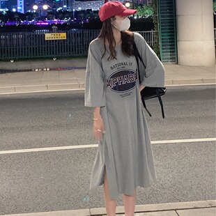 韩国原宿风大版印花T恤裙女夏中长款过膝宽松大码遮肉开叉连衣裙