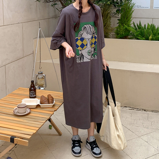 2026夏季新款印花纯棉T恤裙女宽松大码韩国中长款过膝开叉连衣裙