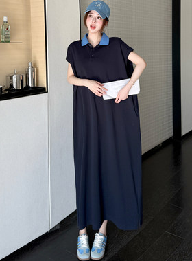 2026韩国拼接Polo领T恤裙女夏超长款直筒懒人运动卫衣连衣裙长裙