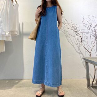 2026韩国无袖牛仔T恤连衣裙女夏超长款过膝宽松大码直筒露背长裙