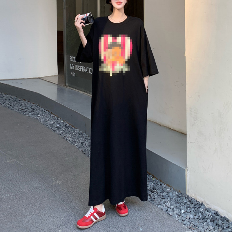韩国慵懒风印花T恤连衣裙女夏超长款过膝宽松大码胖mm遮肉长裙子