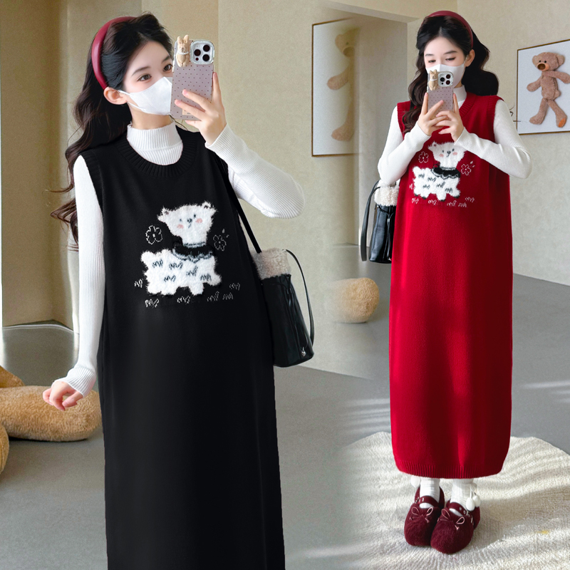2026秋冬圣诞跨年红色网红小羊马甲裙针织打底衫超长款孕妇套装裙