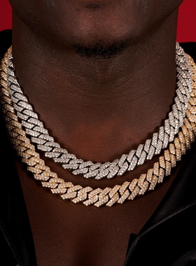 NICEPOWER 14mm 菱形两排满镶古巴链 欧美嘻哈项链 王嘉尔古巴链