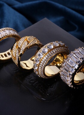 NICEPOWER满钻戒指嘻哈戒指hipop戒指Ins方钻旋转男女戒指