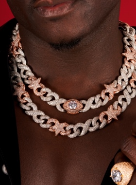 NICEPOWER 15mm异性星星古巴链嘻哈大钻石欧美古巴链hippop项链