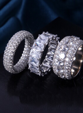 纯银满钻戒指方钻旋转hippop戒指Ins同款男女戒指小众设计高品质