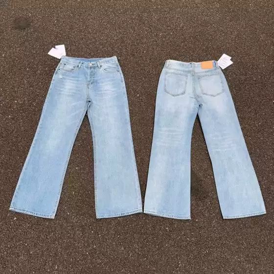 25Ss Spring/Summer New Classic Light Blue Washed Cat Whiskers Long Pants Loose Straight Wide-Leg Jeans Men's Trendy
