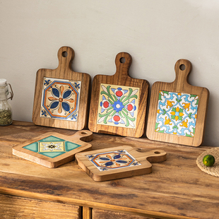 隔热垫复古实木花砖把手锅垫木质防烫盘杯垫家用砂锅汤锅隔热木垫