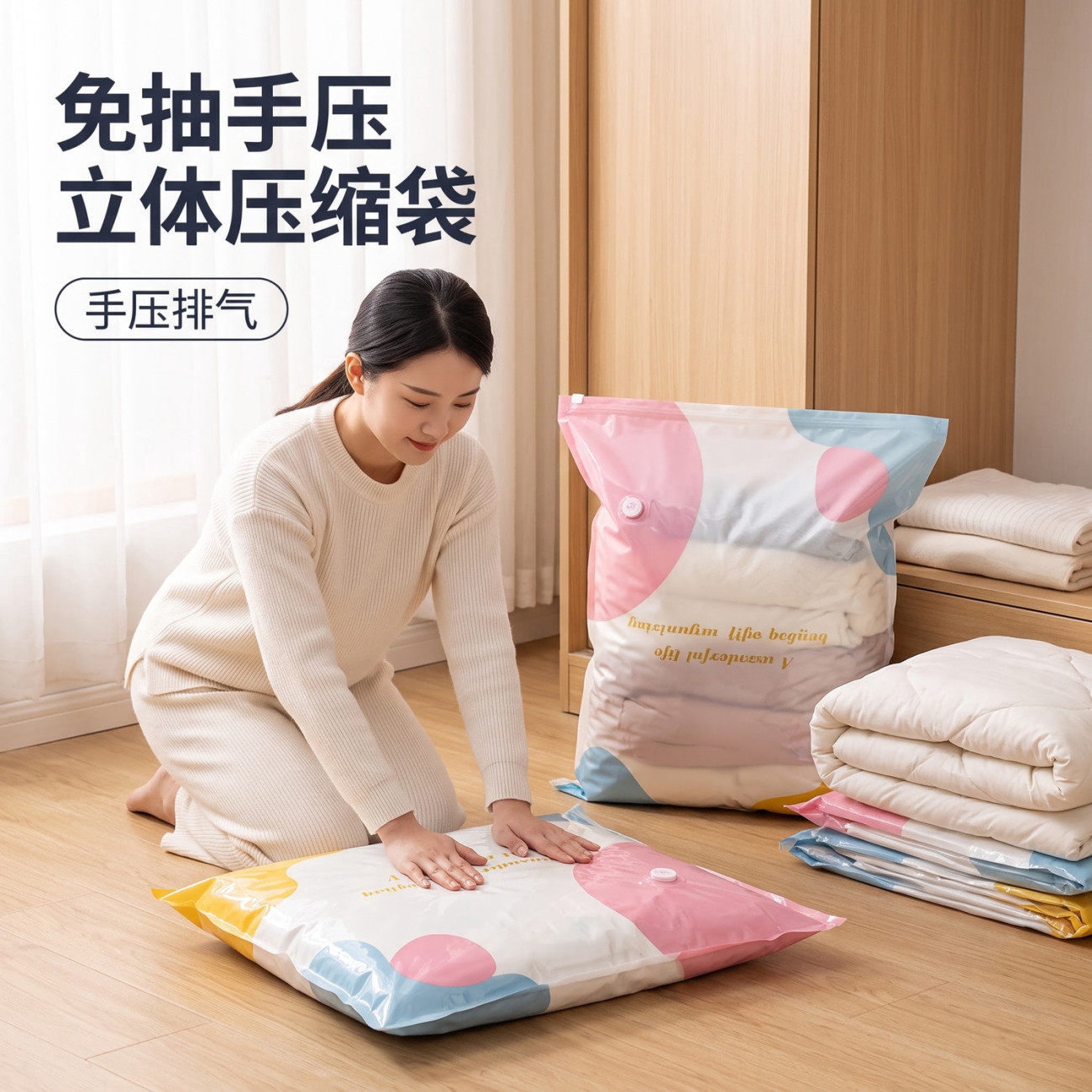 免抽气家用立体收纳袋真空压缩袋抽压两用换季衣服棉被收纳袋装