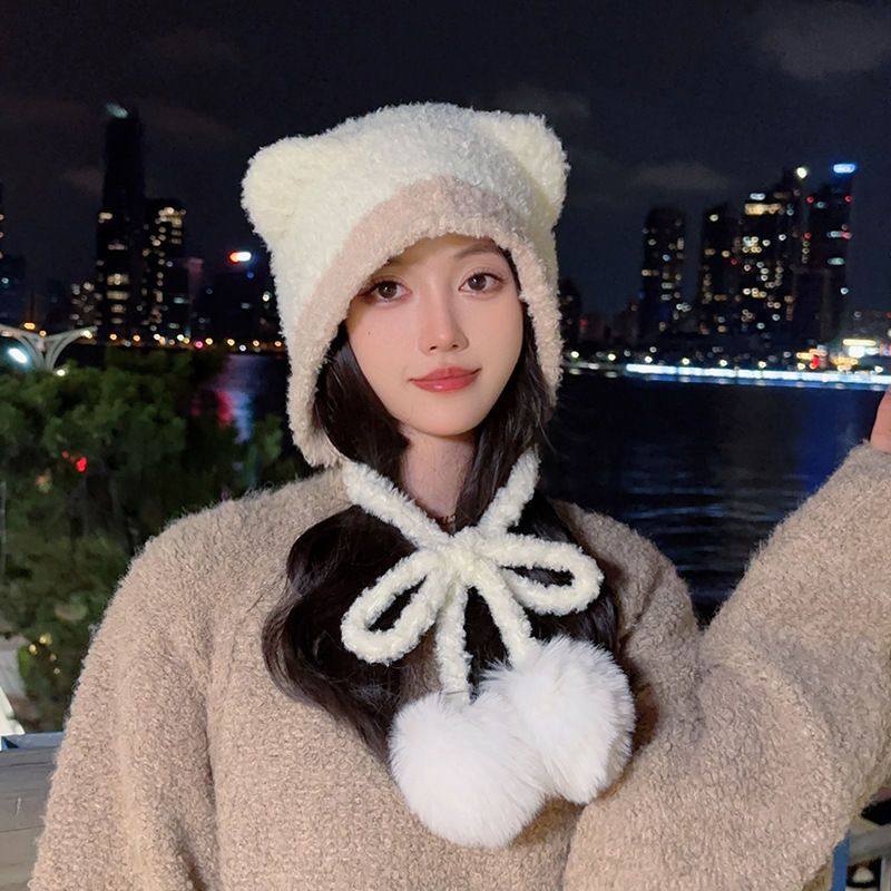 可爱小熊冬季耳朵针织帽子秋冬季雷锋保暖秋冬护耳绑带大头毛线帽