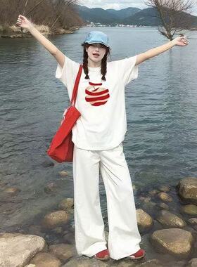 白色棉短袖t恤女夏季新款显瘦遮肉洋气百搭ins苹果印花上衣