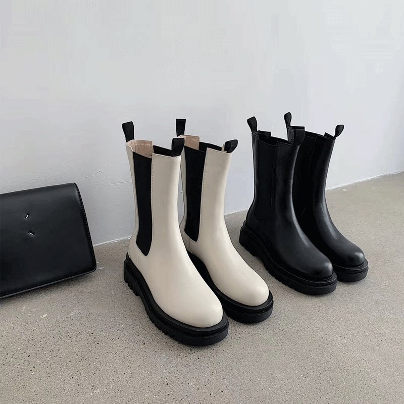 새로운 스타일 마틴 부츠 영국식 미드 송아지 가죽 두꺼운 밑창 모나 굴뚝 부츠 가을 겨울 대형 첼시 부츠