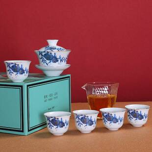 多子多福陶瓷高档功夫茶具套装家用盖碗茶壶茶杯中式办公青花全套