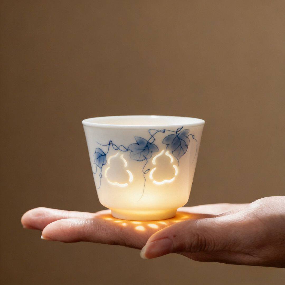 景德镇手绘葫芦玲珑茶杯主人杯图片