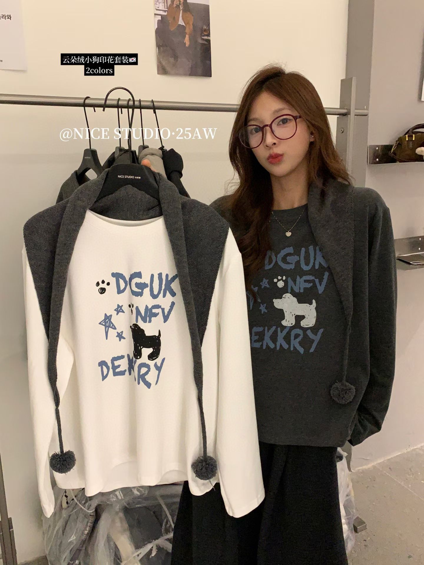 Nice studio奶思家卡通印花加厚磨毛长袖T恤女宽松休闲百搭上衣潮