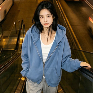 Seven7家韩版复古蓝色连帽双拉链卫衣女长袖宽松开衫外套上衣潮