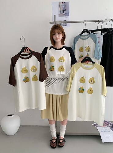 Rara style夏季韩系休闲宽松大版型撞色卡通印花短袖T恤女上衣潮