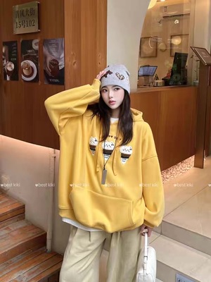 清货 KIKI韩版宽松慵懒风休闲百搭刺绣连帽长袖加绒卫衣女上衣潮