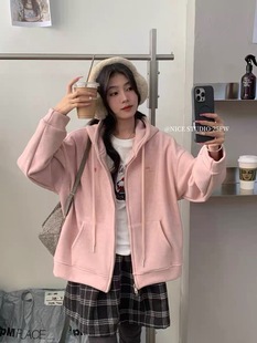 NICE 连帽加绒卫衣外套宽松慵懒风 STUDIO奶思家韩系刺绣字母开衫