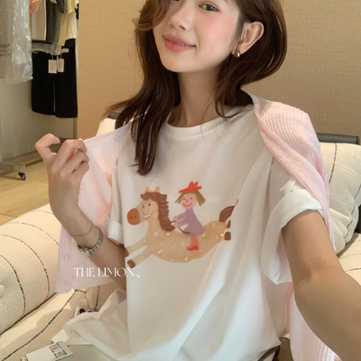 檬绿茶-彩色马年～创意卡通小马钉珠宽松短袖T恤(不含下装)10303