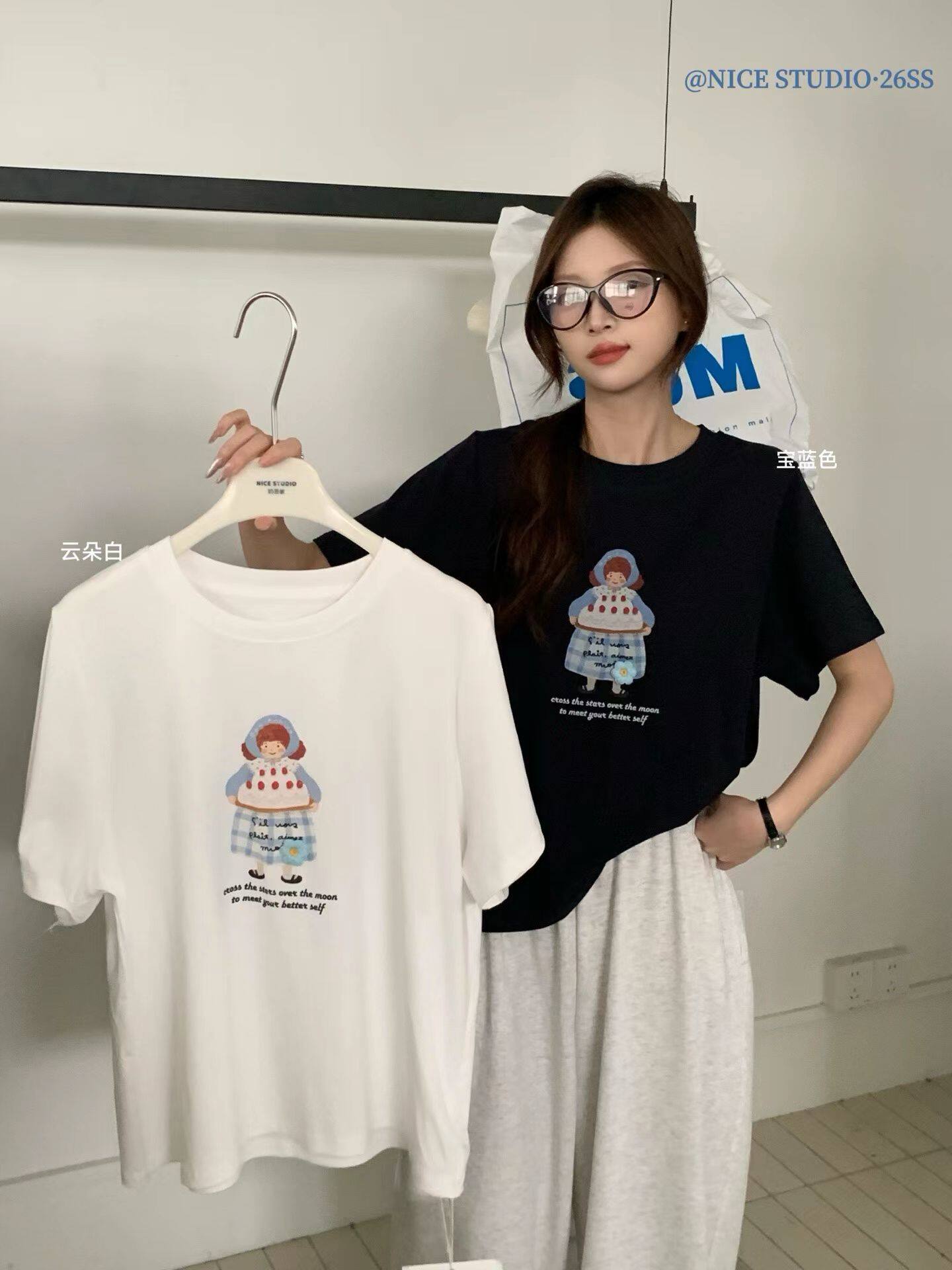 NICE STUDIO奶思家夏季韩版常规版卡通印花短袖T恤女上衣潮