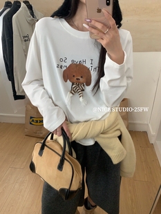 卡通小狗印花长袖 STUDIO韩版 T恤女宽松百搭上衣 奶思家NICE 清货