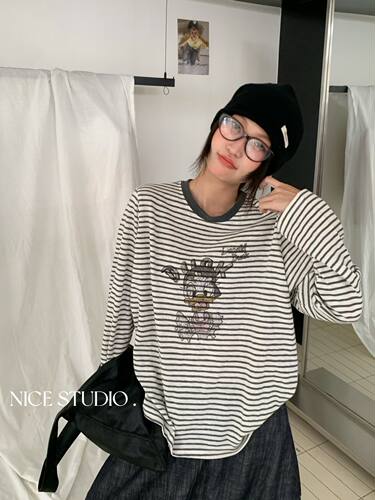 Nice studio奶思家秋季韩版时尚休闲宽松显瘦卡通印花长袖T恤女潮