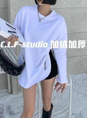 清货 CLF韩版宽松加绒加厚中长款开叉个性简约长袖减龄长袖T恤女