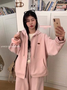 奶思家Nice 宽松休闲百搭加绒连帽卫衣外套女潮 studio秋冬韩版