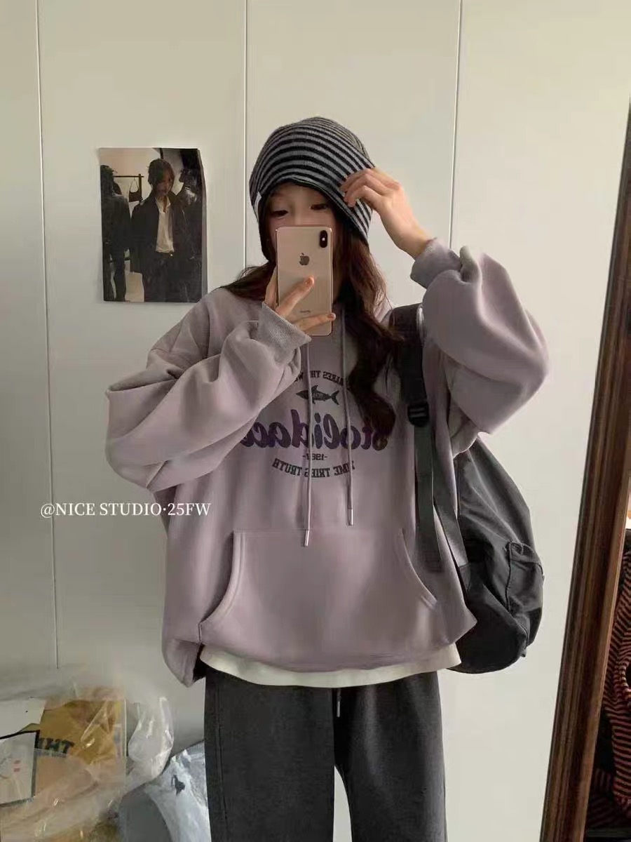 NICE STUDIO冬季韩版字母图案连帽加绒卫衣女宽松显瘦百搭上衣潮