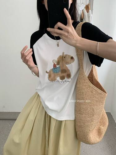 Nice studio奶思家夏季韩系常规版撞色拼接卡通印花短袖T恤女上衣