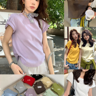 柠檬绿茶-早春王炸人手三件爆简约纯色小飞袖圆领短袖T恤10077