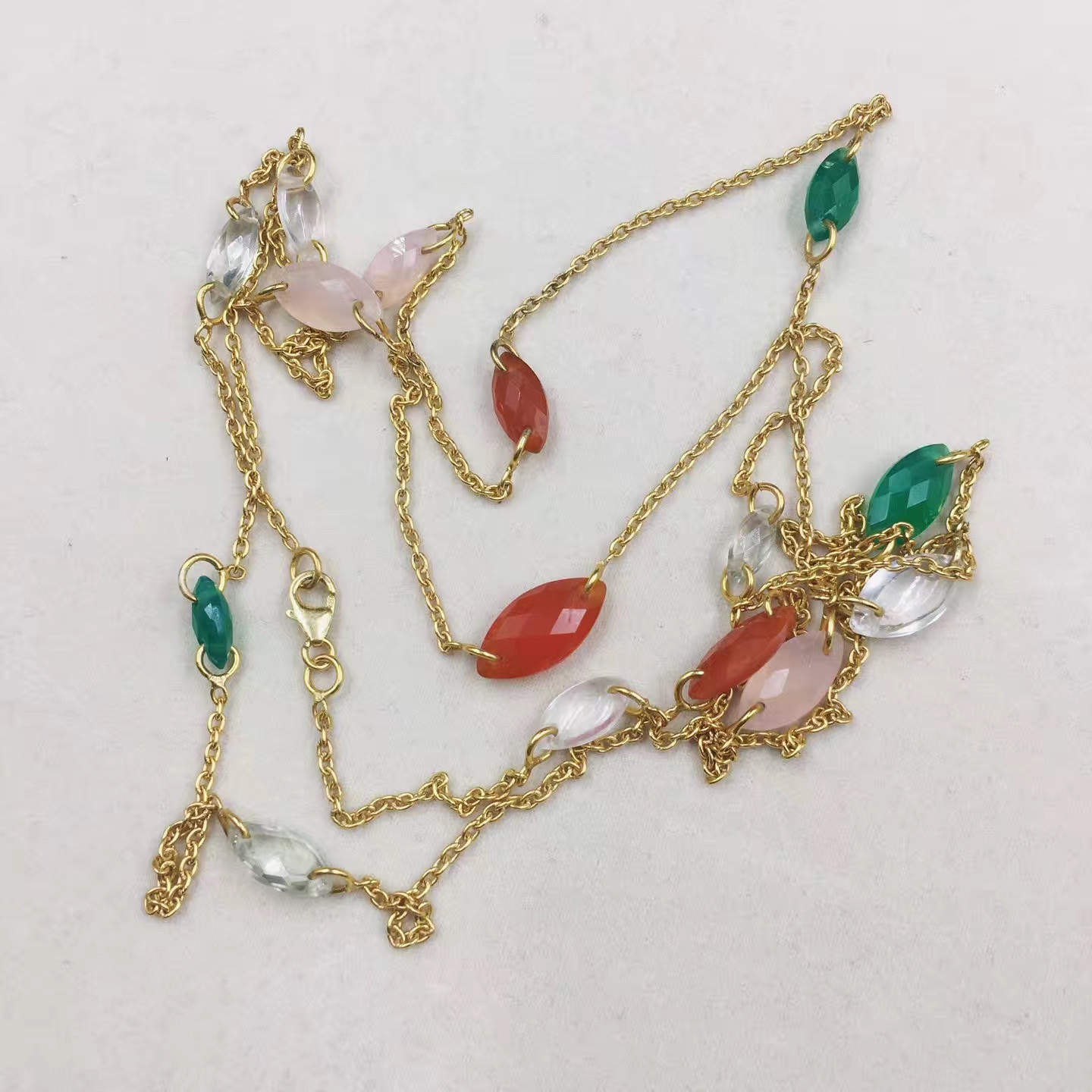 印度纯银镀金镶嵌天然红玛瑙 托帕石 粉水晶 绿玛瑙设计款项链