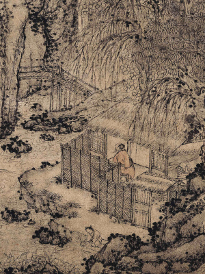 王蒙涤砚图微喷打印元四家山水画临摹绢布画稿传统山水画范本