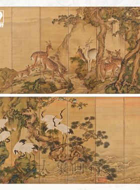 沈铨鹤鹿图屏传统工笔花鸟画临摹范本中式装饰画艺术微喷绢布画心