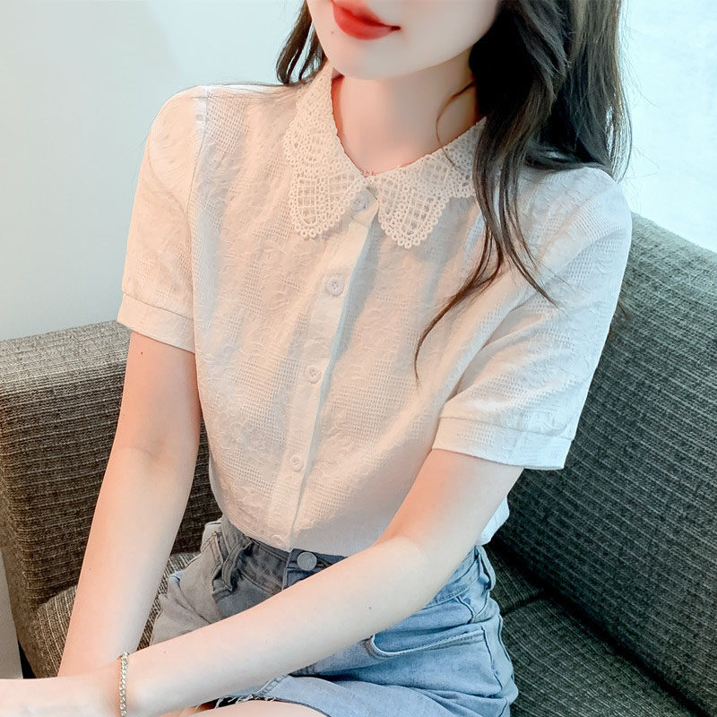 白色衬衫女士2023夏季新款刺绣纯棉花边衬衣气质百搭短袖洋气上衣