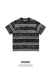 Gpstudio Japanese Style Retro Batik Washed Faded Stripesd Short-Sleeved T-Shirt Men's Summer New Design Half-Sleeved Tee