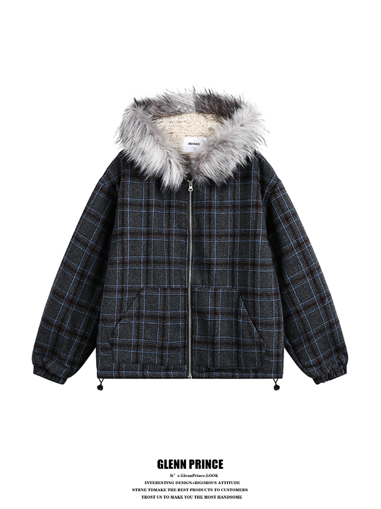 thumbnail for Gpstudio American Retro Plaid Fur Collar Cotton Coat for Men, Winter Fleece-Lined, Thickened, Warm Lamb Wool Cotton Jacket