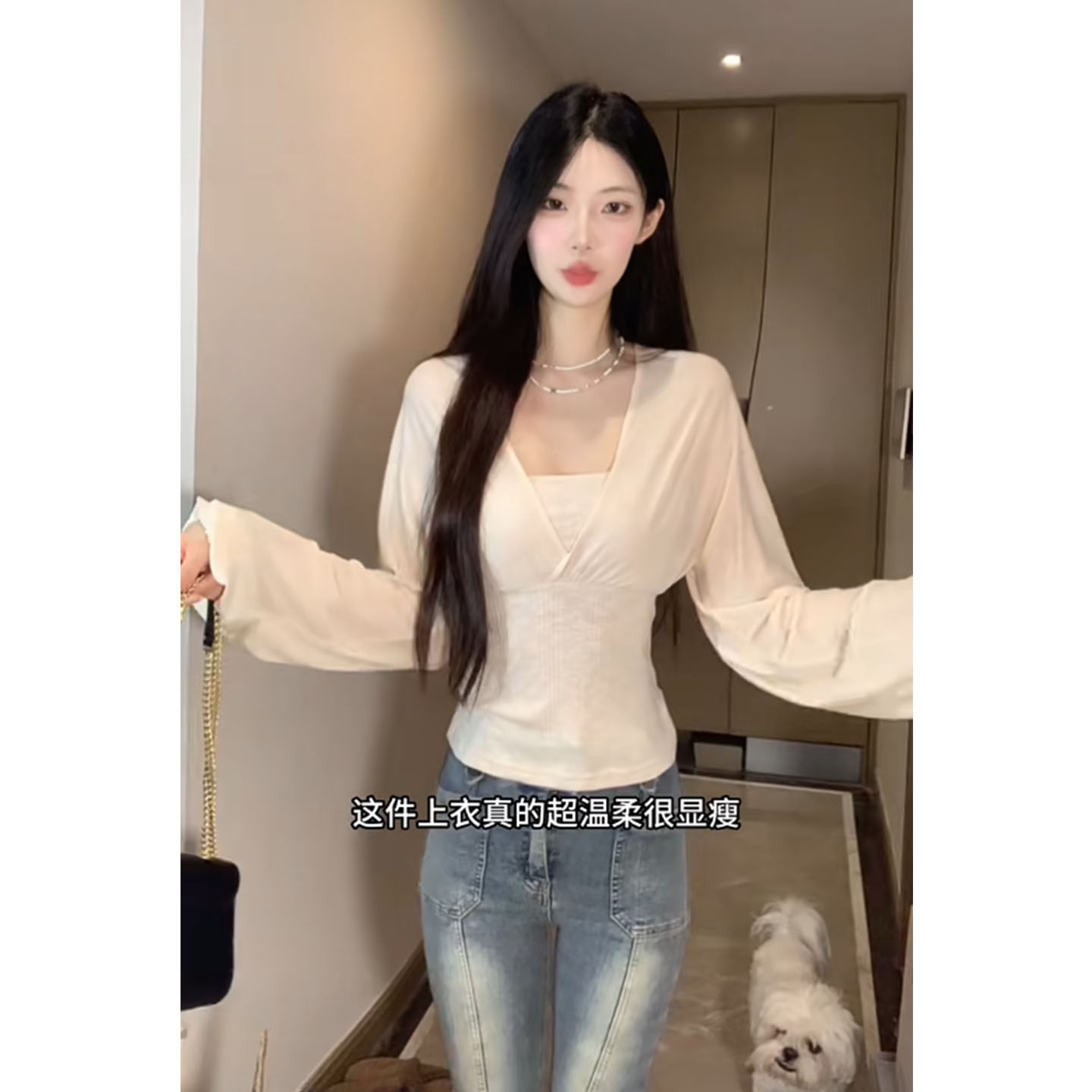 韩系复古V领假两件长袖t恤女秋季修身收腰显瘦内搭打底气质上衣潮
