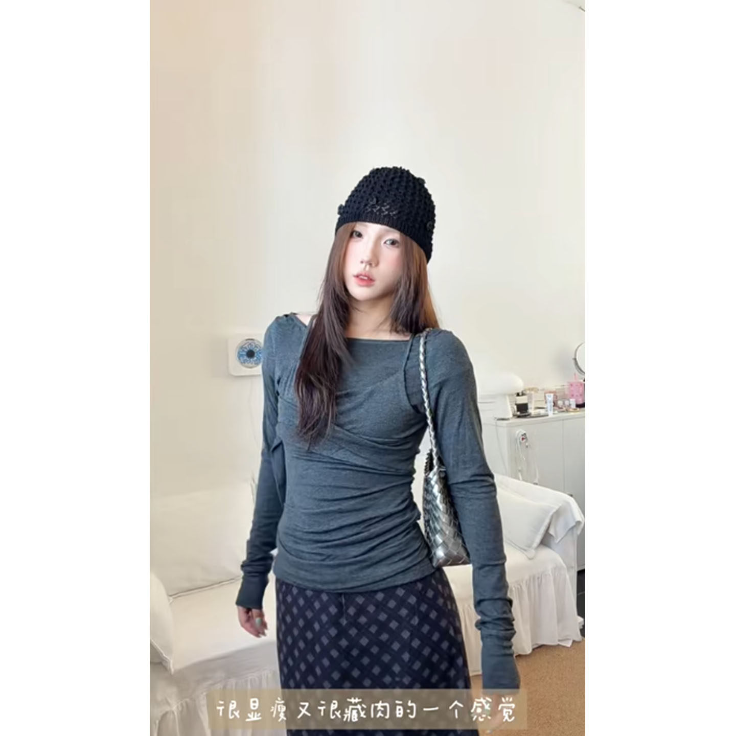 美式辣妹灰色假两件长袖T恤女秋季叠穿层次褶皱修身显瘦打底上衣