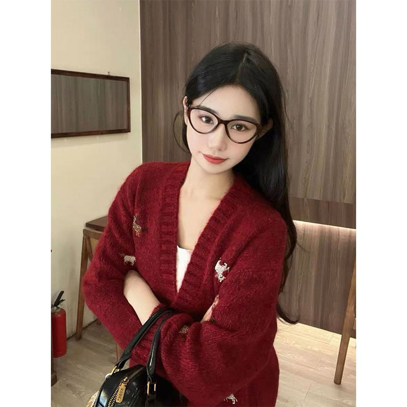 AS达哥~25新款马年新年毛衣女~气氛红手工钉珠刺绣羊毛针织开衫女