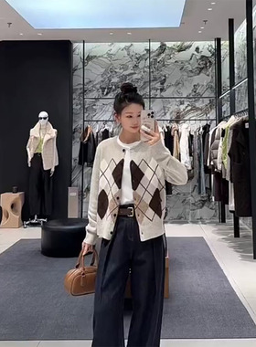 AS达哥~费尔岛长袖菱格纹羊毛针织开衫女驼色复古撞色打底毛衣女