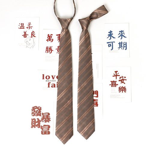 棕色复古懒人免打拉链领带