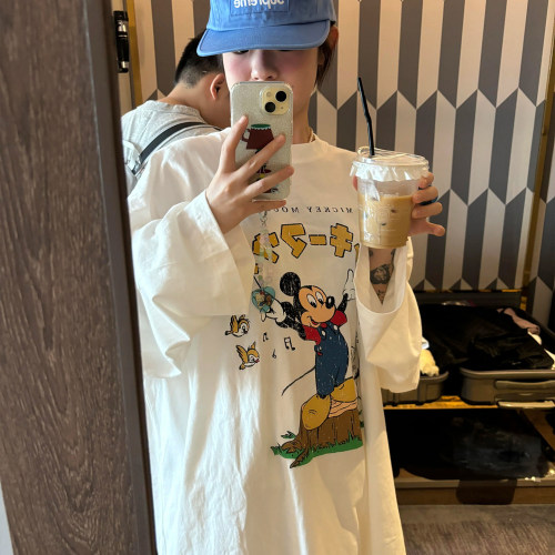 美式复古卡通印花长袖T恤女大童