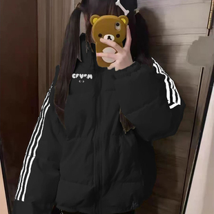 黑色三条杠立领棉服女大童初中高中学生冬宽松oversize棉衣外套