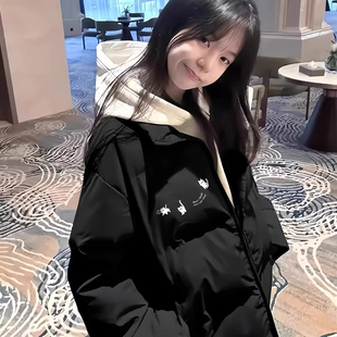 美式羽绒棉服女大童初中高中学生黑色卡通印花保暖加厚面包服外套