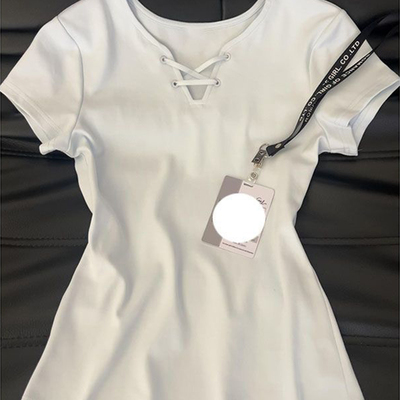女大童V领绑带短袖显瘦T恤