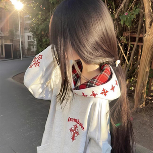 美式设计感十字架刺绣连帽卫衣女大童初中高中学生宽松帽衫外套